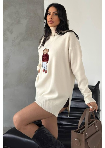 Ayıcıklı Kazak - Balıkçı Yaka Teddy Bear Aplikli Oversize Kadın Triko Kazak 650 fırsatları
