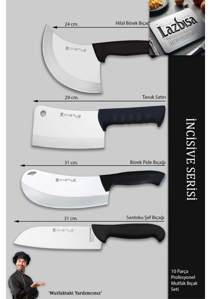 Incisive Serisi Mutfak Bıçak Seti Et Ekmek Sebze Börek Pide Şef Bıçağı Satırı 10 Lu Set