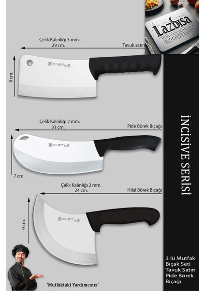 Incisive Serisi Mutfak Bıçak Seti Et Tavuk Satırı Pide Börek Pizza Salata Bıçağı 3 Lü Set