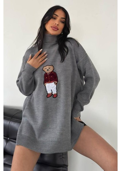 Ayıcıklı Kazak - Balıkçı Yaka Teddy Bear Aplikli Oversize Kadın Triko Kazak 650 fırsatları