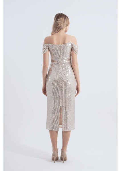 Gwen | Payetli Şeffaf Askılı Midi Kalem Elbise Carmen Yaka Düşük Kol - Bej modelleri