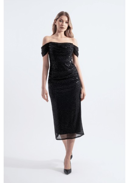 Gwen | Payetli Şeffaf Askılı Midi Kalem Elbise Carmen Yaka Düşük Kol - Siyah