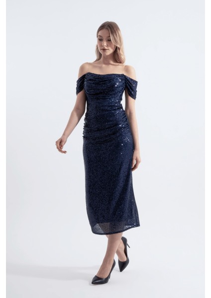 Gwen | Payetli Şeffaf Askılı Midi Kalem Elbise Carmen Yaka Düşük Kol - Lacivert