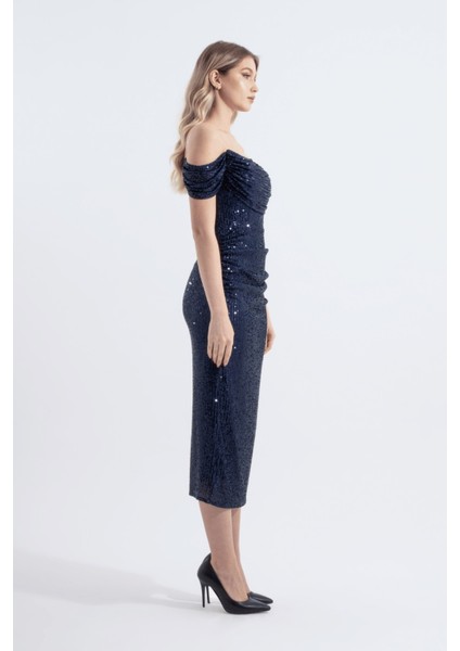 Gwen | Payetli Şeffaf Askılı Midi Kalem Elbise Carmen Yaka Düşük Kol - Lacivert fiyatları