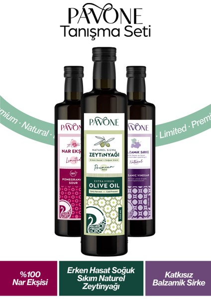 Limited 100% Nar Ekşisi (250 Ml.) & Katkısız Balzamik Sirke (250 Ml.) & Zeytinyağı (500ML.) Set