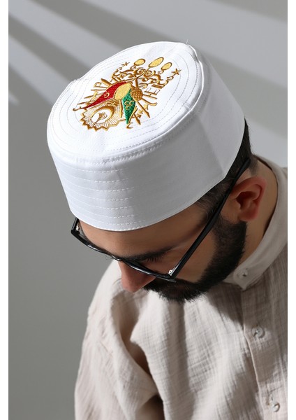 Osmanlı Arma Desenli Kalıp Kumaş Takke Beyaz