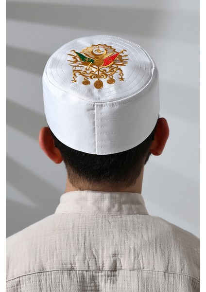 Osmanlı Arma Desenli Kalıp Kumaş Takke Beyaz modelleri