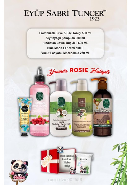 Blue Moon Krem, Hindistan Cevizi Duş Jeli, Frambuaz Tonik, Zeytinyağlı Şampuan, Macadamia Losyon ve Rosie