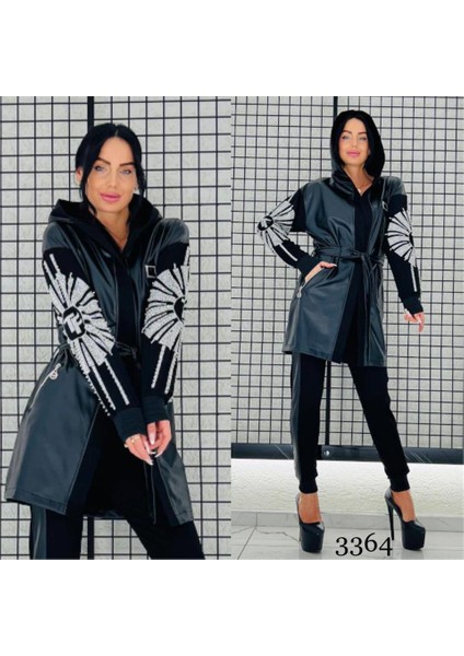 Kol Detaylı Ceketli Crystal Taşlı Takım - Siyah Gümüş