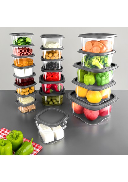 20'li Kare Erzak Gıda Saklama Kabı Seti - Mikrodalga Derin Dondurucuya Uygun Saklama Kabı Antrasit