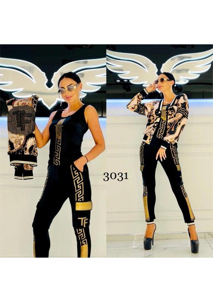 Ceketli Büstiyerli Crystal Taşlı Üçlü Kadife Takım - Bej