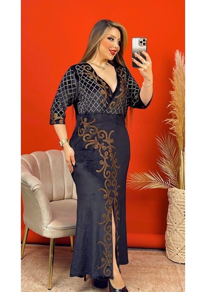 Sarmaşık Kruvaze Yaka Crystal Taşlı Kadife Elbise - Siyah