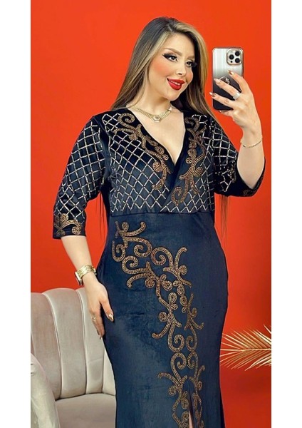 Sarmaşık Kruvaze Yaka Crystal Taşlı Kadife Elbise - Siyah fiyatları