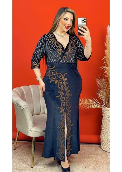 Sarmaşık Kruvaze Yaka Crystal Taşlı Kadife Elbise - Siyah modelleri