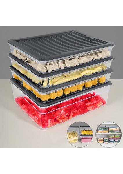4'lü Buzdolabı Organizer Set Düzenleyici Erzak Saklama Kabı Derin ve Sığ Difriz Kabı Xl Antrasit