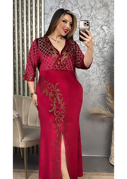 Sarmaşık Kruvaze Yaka Crystal Taşlı Kadife Elbise - Kırmızı