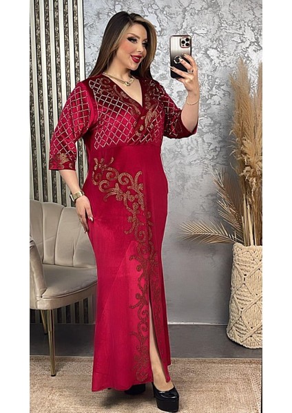 Sarmaşık Kruvaze Yaka Crystal Taşlı Kadife Elbise - Kırmızı fiyatları