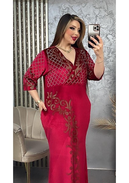 Sarmaşık Kruvaze Yaka Crystal Taşlı Kadife Elbise - Kırmızı modelleri