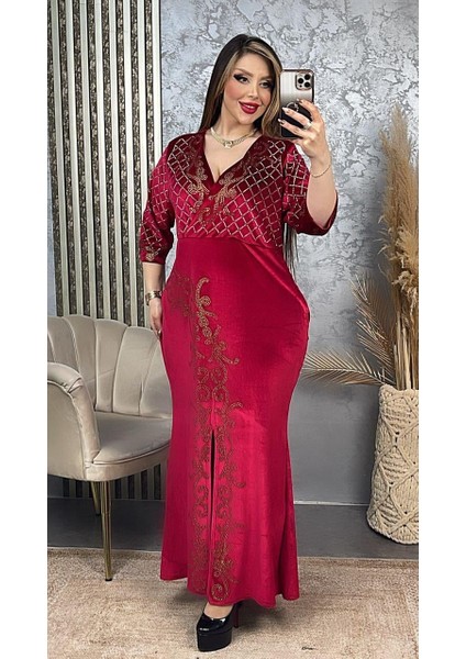 Sarmaşık Kruvaze Yaka Crystal Taşlı Kadife Elbise - Kırmızı fırsatları