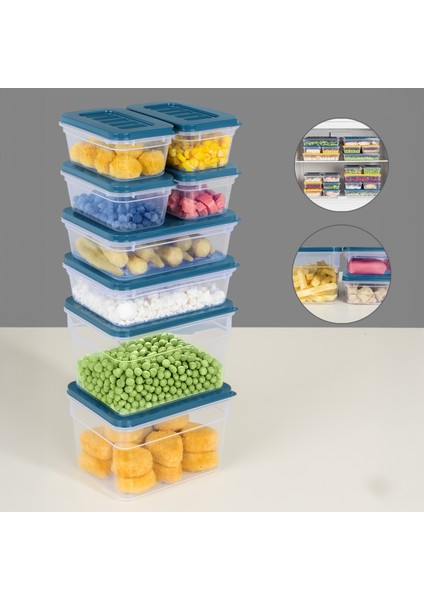 8'li Mikrodalga Uyumlu Organizer Set Düzenleyici Gıda Erzak Saklama Kabı Derin ve Sığ Mavi