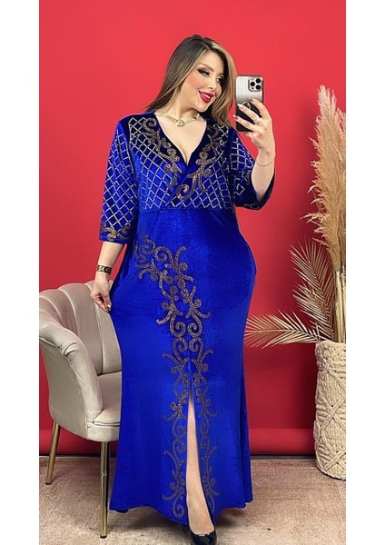 Sarmaşık Kruvaze Yaka Crystal Taşlı Kadife Elbise - Mavi