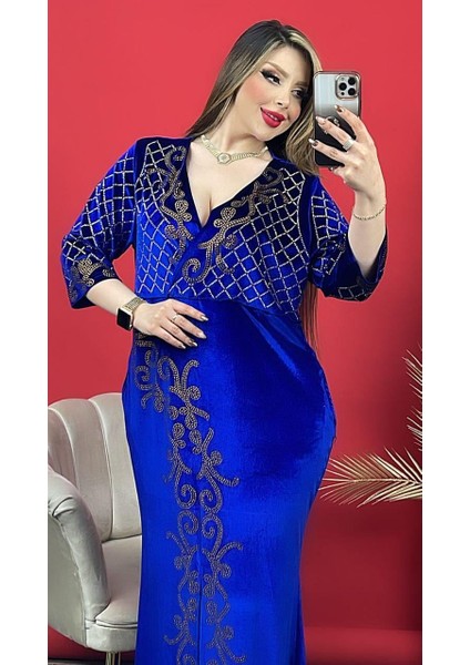 Sarmaşık Kruvaze Yaka Crystal Taşlı Kadife Elbise - Mavi fiyatları