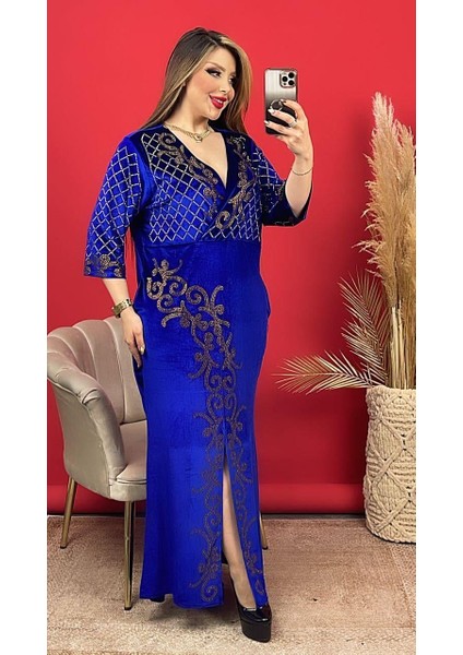 Sarmaşık Kruvaze Yaka Crystal Taşlı Kadife Elbise - Mavi modelleri