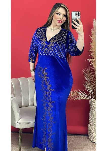 Sarmaşık Kruvaze Yaka Crystal Taşlı Kadife Elbise - Mavi fırsatları