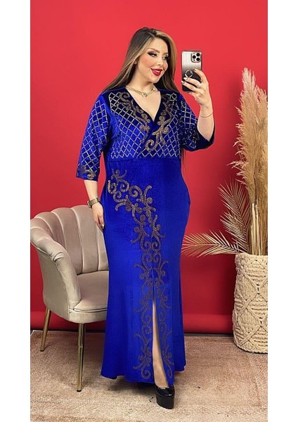 Sarmaşık Kruvaze Yaka Crystal Taşlı Kadife Elbise - Mavi indirimleri