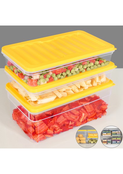 3'lü Buzdolabı Organizer Set Düzenleyici Saklama Kabı Derin ve Sığ Mikrodalga Difriz Kabı M Sarı