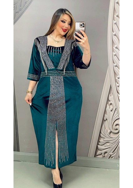 Zincirli Crystal Taşlı Kadife Elbise - Yeşil modelleri
