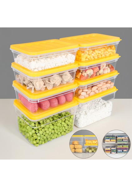 8'li Buzdolabı Organizer Set Düzenleyici Saklama Kabı Derin ve Sığ Difriz Kabı S Sarı