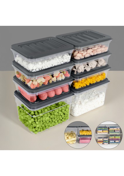 8'li Buzdolabı Düzenleyici Organizer Set Erzak Gıda Saklama Kabı Derin Sığ Difriz Kabı S Antrasit