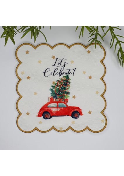 Kırmızı Araba Yılbaşı Ağacı ve Slogan Tasarımlı Nakış Kenar Kumaş Kokteyl Peçetesi 1 Adet