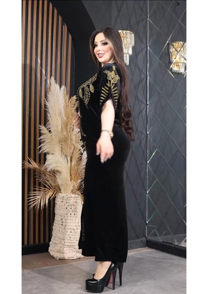 Ges Kol Yaprak Crystal Taşlı Kadife Elbise - Siyah modelleri