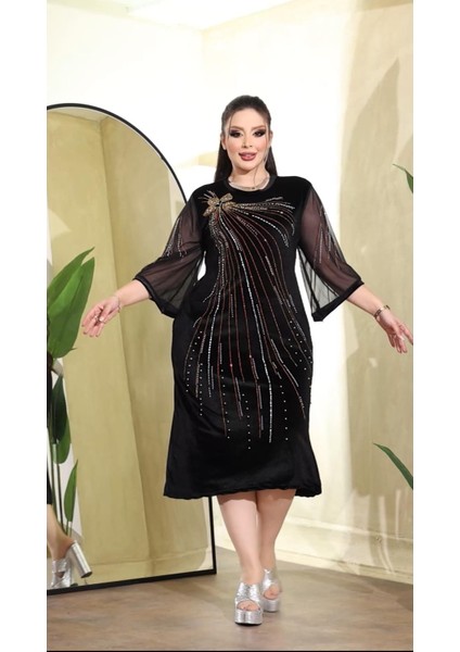 Ges Kol Crystal Taşlı Tunik Kadife Elbise - Siyah
