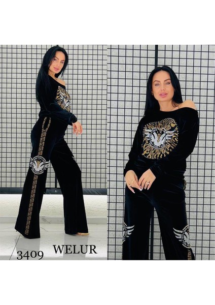 Tatu Desen Ispanyol Paça Crystal Taşlı Kadife Eşofman Takımı - Siyah Gold