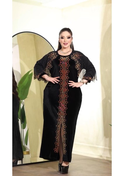 Kol Şifon Detaylı Crystal Taşlı Kadife Elbise - Siyah fiyatları