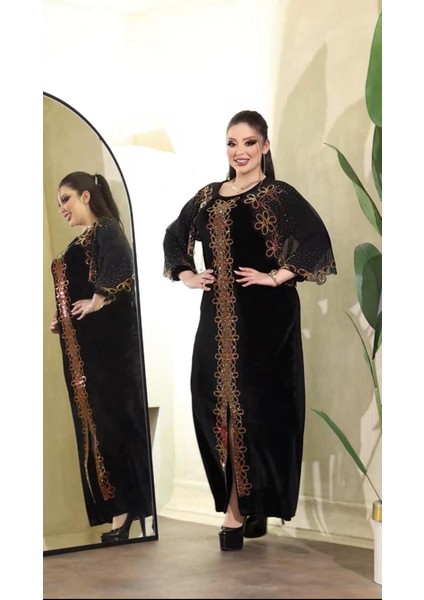 Kol Şifon Detaylı Crystal Taşlı Kadife Elbise - Siyah modelleri