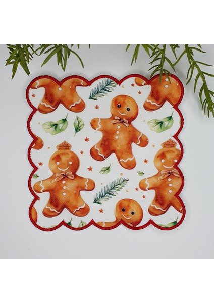 Sulu Boya Gingerman ve Yaprak Desenli Nakış Kenar Kumaş Kokteyl Peçetesi 1 Adet