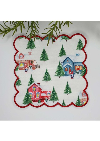 Sulu Boya Kar Manzaralı Evler ve Ağaçlar Desenli Nakış Kenar Kumaş Kokteyl Peçetesi 1 Adet
