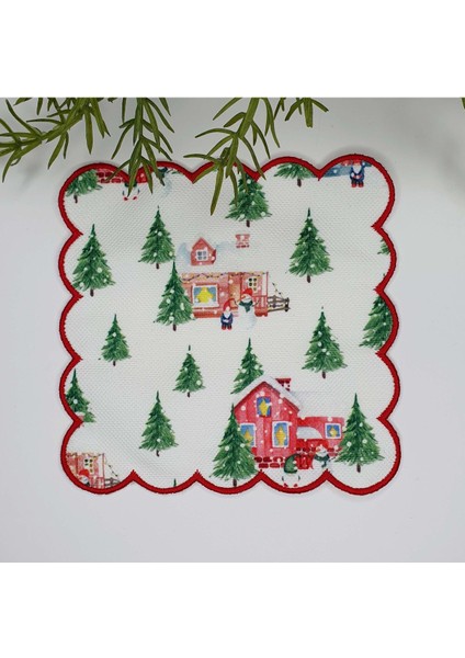 Sulu Boya Kar Manzaralı Evler ve Ağaçlar Desenli Nakış Kenar Kumaş Kokteyl Peçetesi 1 Adet fiyatları