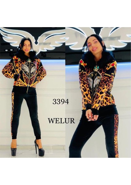 Leopar Desen Kürklü Crystal Taşlı Kadife Eşofman Takımı - Kahve
