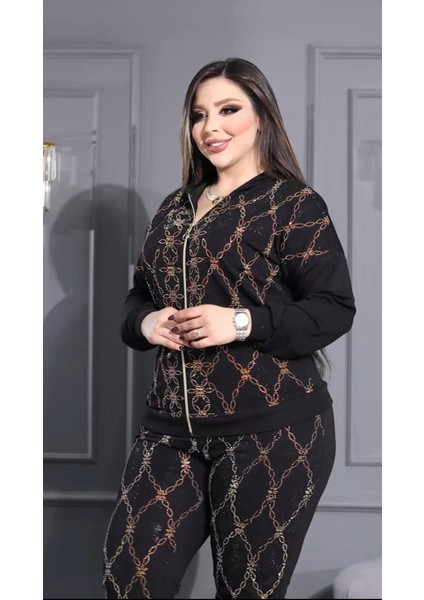 Çiçekli Crystal Taşlı Eşofman Takımı - Siyah