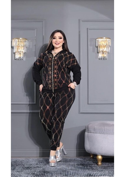 Çiçekli Crystal Taşlı Eşofman Takımı - Siyah fiyatları