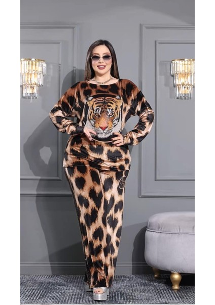 Leopar Crystal Taşlı Kadife Eşofman Takımı - Kiremit