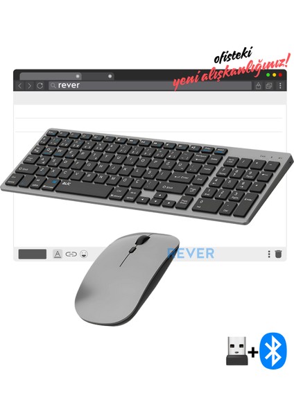 Şarj Edilebilir Kablosuz Klavye Mouse Set Bluetooth + USB Alıcı Bağlantı