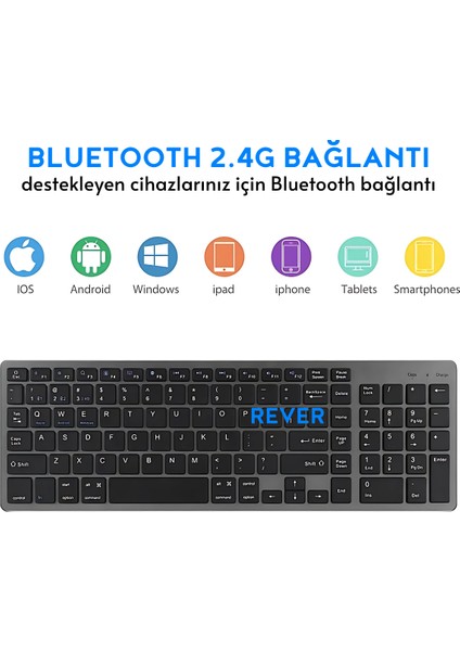 Şarj Edilebilir Kablosuz Klavye Mouse Set Bluetooth + USB Alıcı Bağlantı