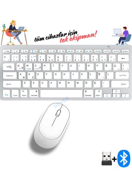 Kablosuz Klavye Mouse Set Tüm Cihazlara Uyumlu Bluetooth + USB Klavye