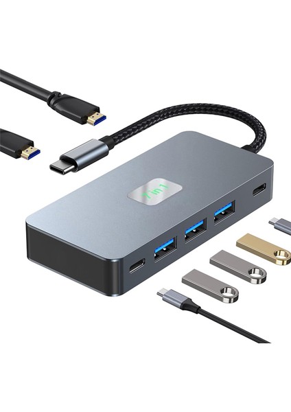 Çoklayıcı Adaptör 7IN1USB-C To USB 3.0 ve Usb/c 4 Ports Hub + Hdtv (4K/30Hz) + Pd Macbook Uyumlu Çevirici Adaptör Çok Portlu Çoklayıcı 7 In 1 USB Hub CK-510